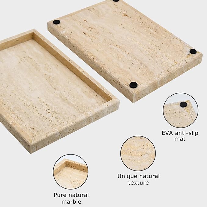 Travertine Tray,Bathroom Vanity Tray Non-Ceramic/Non-Resin,Marble Perfume Decorative Tray 12 x 8 inch (Travertine)