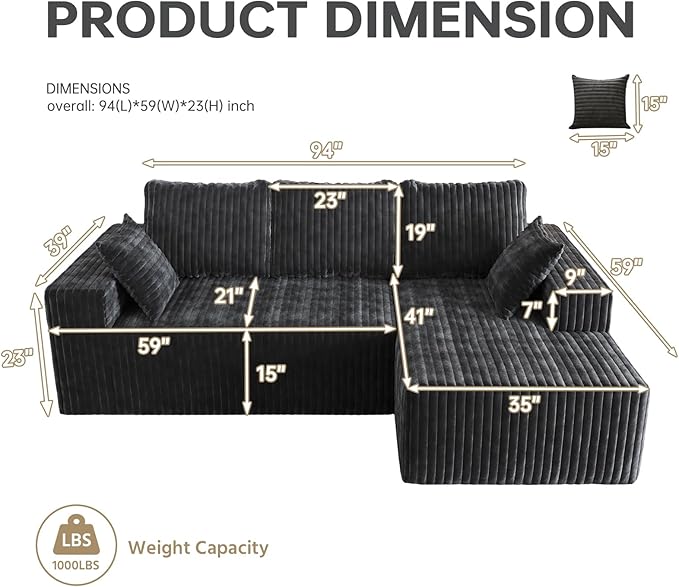 94" Cloud Sectional Couch with L-Shape Chaise,4 Seat Modern Modular Sofa with Side Pockets,Upholstered Couches for Living Room Bedroom, Boneless Couch,No Assembly Required