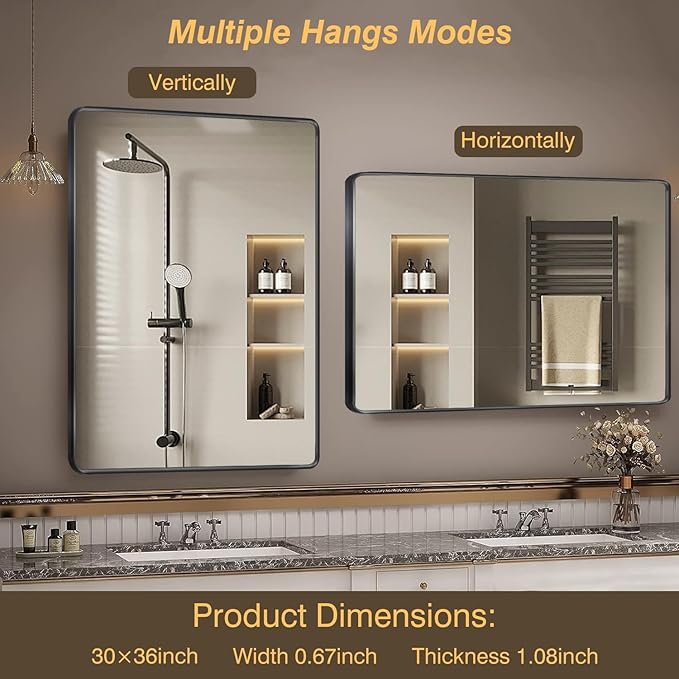 Black Framed Mirrors for Bathroom,55 x 36 Inch Rounded Conner Rectangle Mirror for Wall, Matte Black Vanity Mirror with Tempered Glass,Anti-Rust,Hangs Horizontally or Vertically