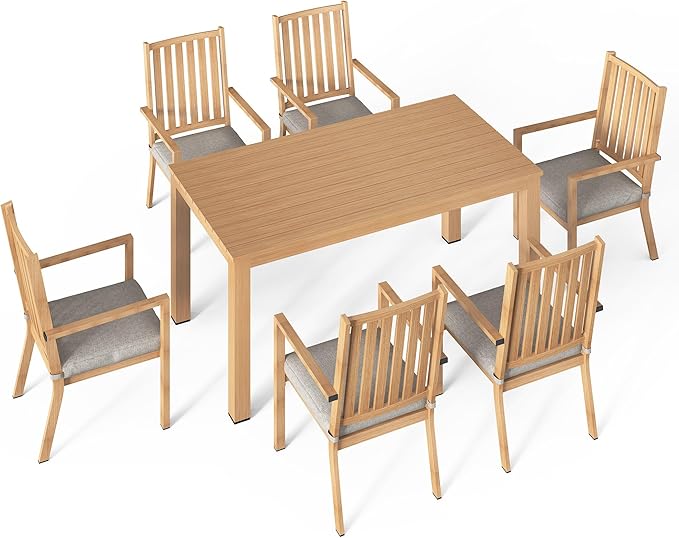 Wisteria Lane Aluminum 7 Pieces Patio Dining Sets, Outdoor Dining Table with 6 Chairs, Outdoor Patio Dining Furniture Set with Removable Cushion for Lawn, Garden, Backyard, Brown