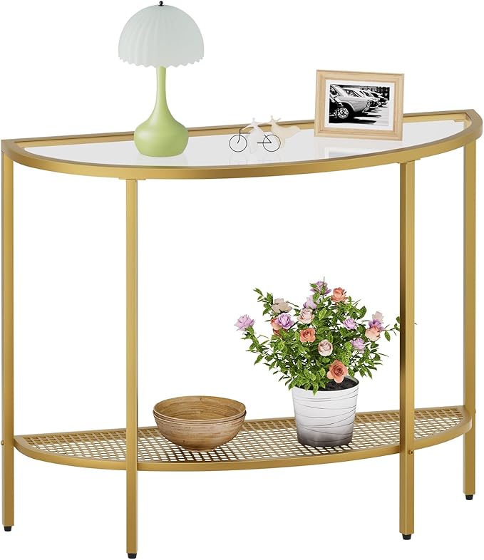 SAYGOER Glass Half Moon Console Table 2 Tier Narrow Entryway Table with Gold Metal Frames, Modern Couch Table Small Entry Way Tables, Easy Assembly, Clear Glass Gold Frames