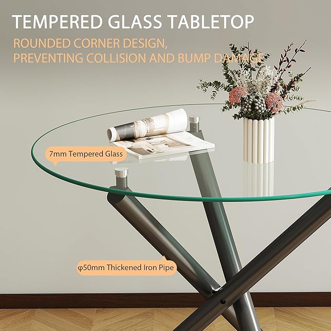 36" Round Glass Dining Room Table for 4 with Tempered Glass Top and Black Metal Tube Legs, Modern Clear Kitchen and Dinner Table for Home Office Dining Room