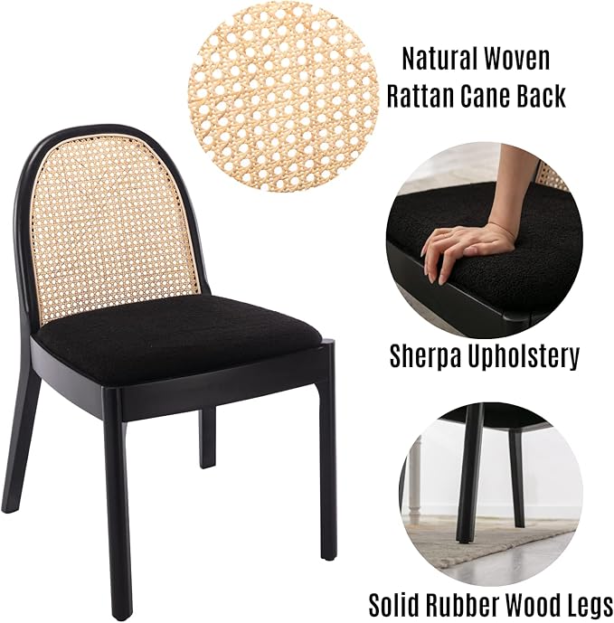 LukeAlon Modern Sherpa Dining Chairs Set of 4, Natural Woven Rattan Cane Back Side Chairs with Solid Wood Legs Mid Century Dinner Chairs for Kitchen Living Room, Black