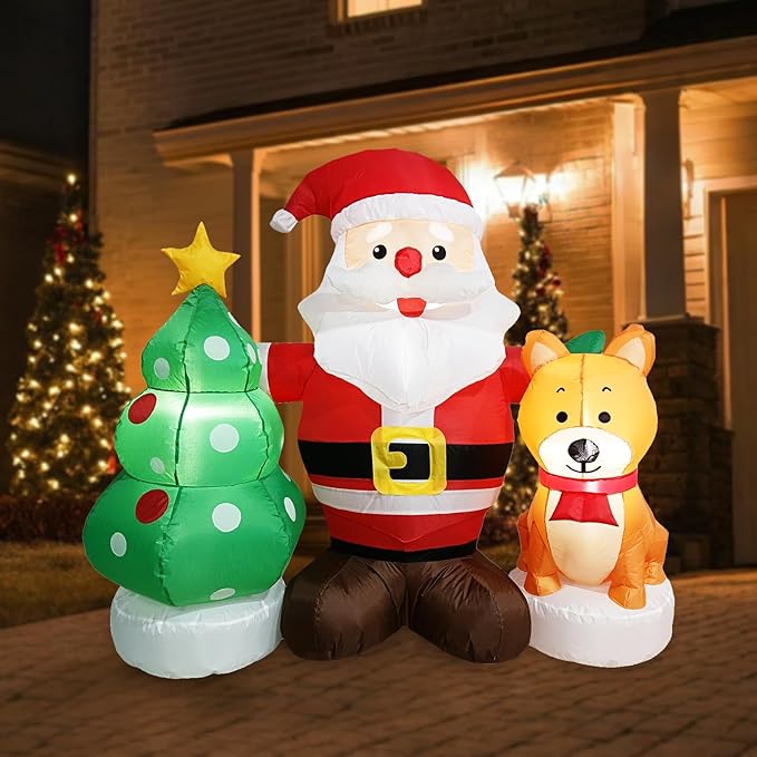 5FT Long Christmas Inflatable Santa Set with Dog & Tree Blow up Lighted Yard Decoration Suitable for Christmas Indoor Outdoor Xmas Yard Party Holiday Garden Decor
