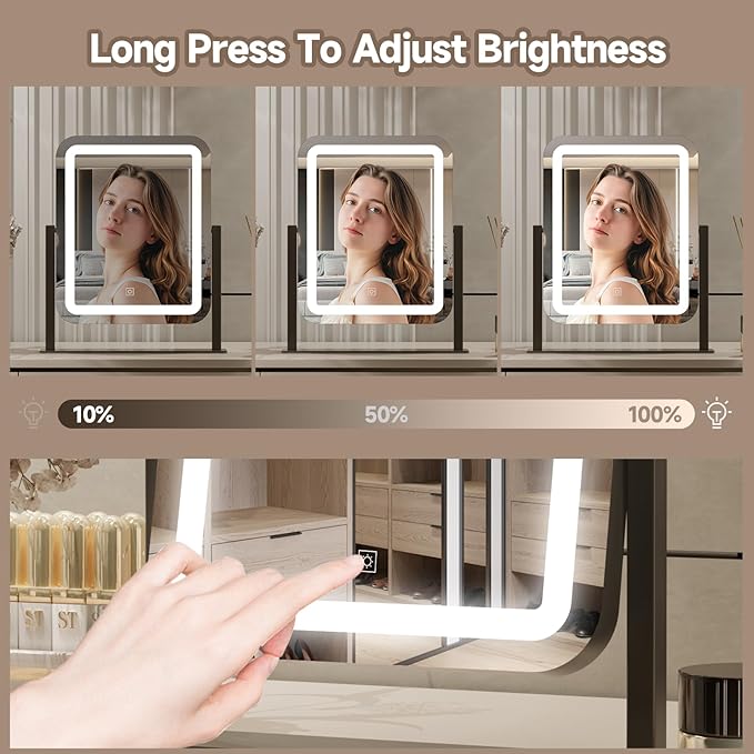 PRIMETEK Vanity Mirror with Lights, 16"x14" Large LED Lighted Makeup Mirror, Hollywood Makeup Mirror, Touch Screen, 3-Color Lighting, 5X Magnification, for Vanity Desk Tabletop, Bedroom, Black