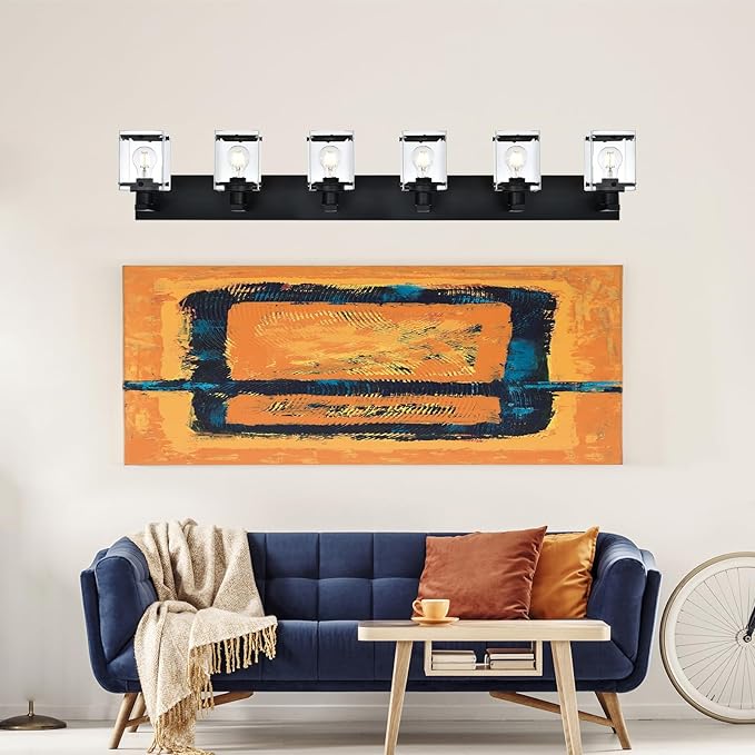 6-Light Bathroom Light Fixture Black Finish, Modern Vanity Lighting with Rectangular Clear Glass for Over Mirror Kitchen E26 Bulb Base