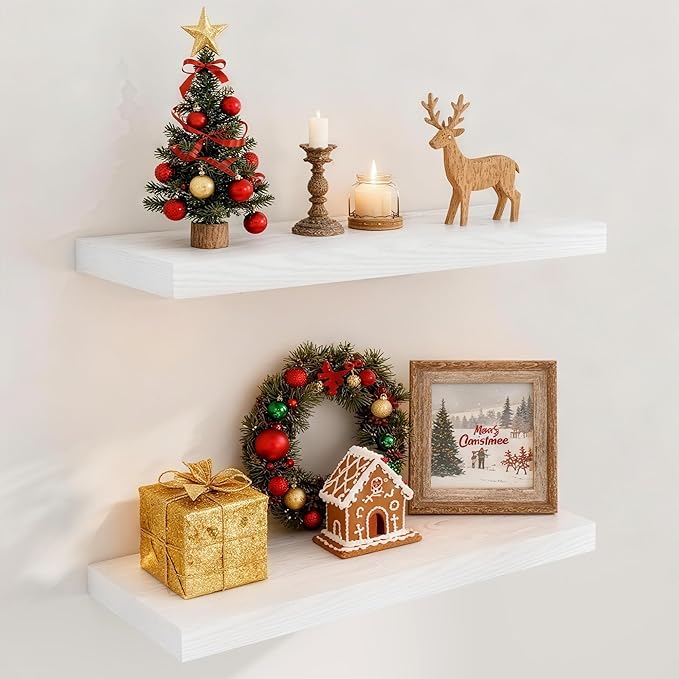 Fun Memories Floating Shelves for Wall, 24 x 9.3 Floating Shelf Wall-Mounted, Rustic Wood Bathroom Shelf Set of 2, Deep Bookshelf Storge Shelves for Living Room, Bedroom, Farmhouse, White Color