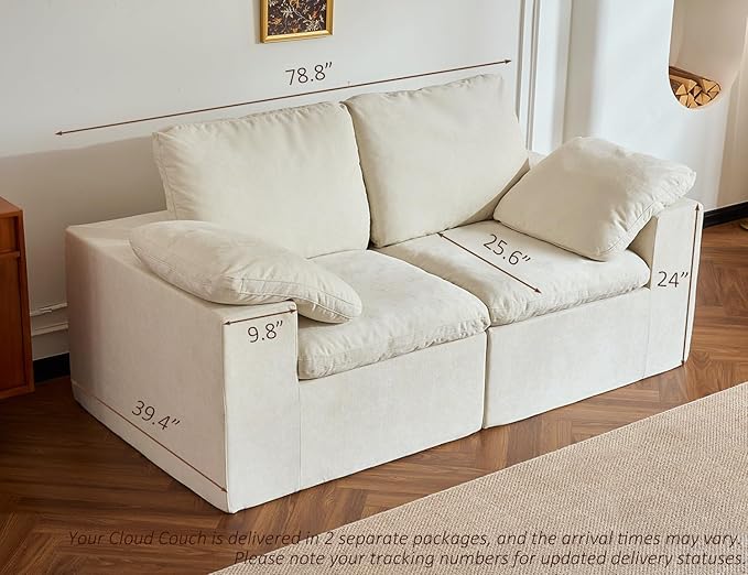 Cloud Couch Boneless Loveseat, 78” Modular Sectional Sofas for Living Room, Comfy Deep Seats, No Assembly, Bedroom, Dorm, Apartment, Beige