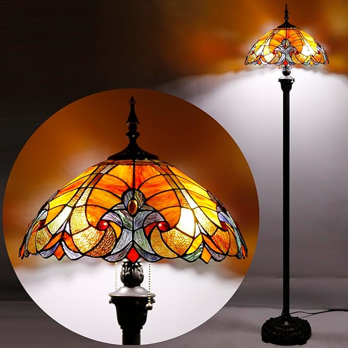 WERFACTORY Tiffany Floor Lamp Red Brown Liaison Stained Glass Standing Reading Light 16X16X64 Inches Antique Pole Corner Lamp Decor Bedroom Living Room Home Office S160R Series