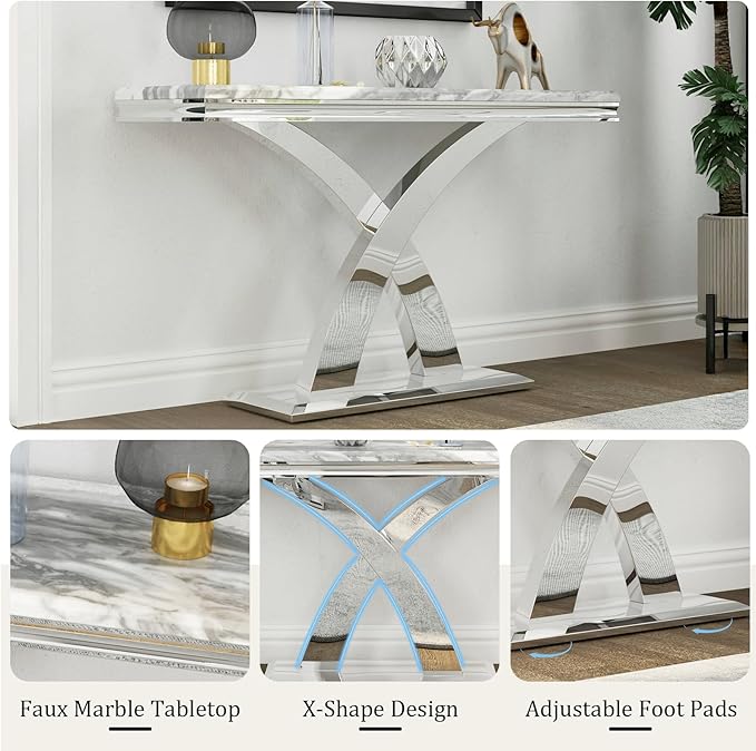 AUZ 2 Pieces Silver Living Room Table Set, Coffee Table and Console Table with X-Shape Design Polished Stainless Steel Frame