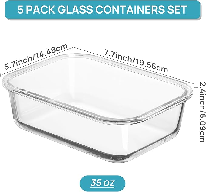 Vtopmart 5 Pack 35oz Glass Food Storage Containers with Lids, Meal Prep Containers, Airtight Reusable Lunch Container Set, Safe for Oven, Microwave, Freezer, and Dishwasher, Grey