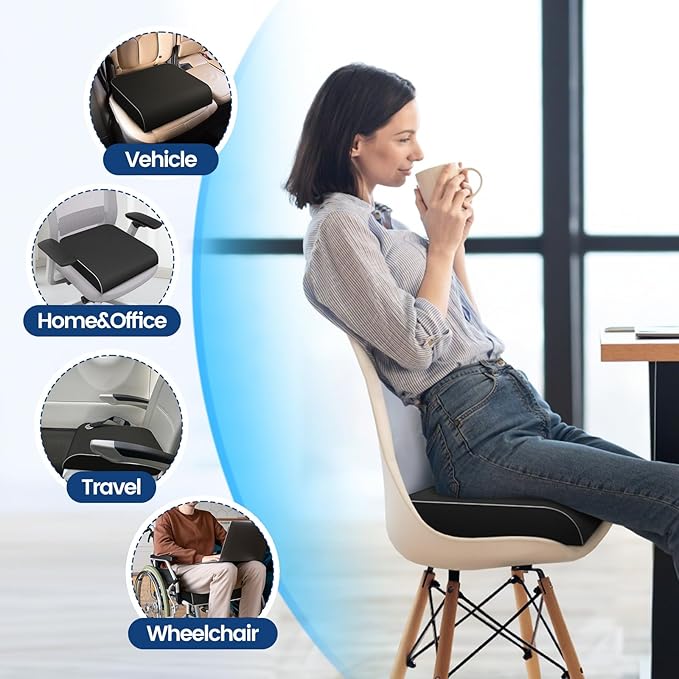 Seat Cushion for Tailbone Pain Relief, Office Chair Cushion, Memory Foam Large Chair Cushion with Non-Slip Cover for Soft Support at Office Chair, Car Seat, Airplane Black/XLarge