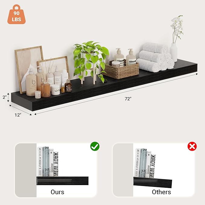 Heimlove 12 Inch Deep Floating Shelves, 72 x 12 inches Long, Large Extra Display & Storage Shelf, Rustic Wood Wall Shelves for Fireplace Mantel, Black - 1Pack