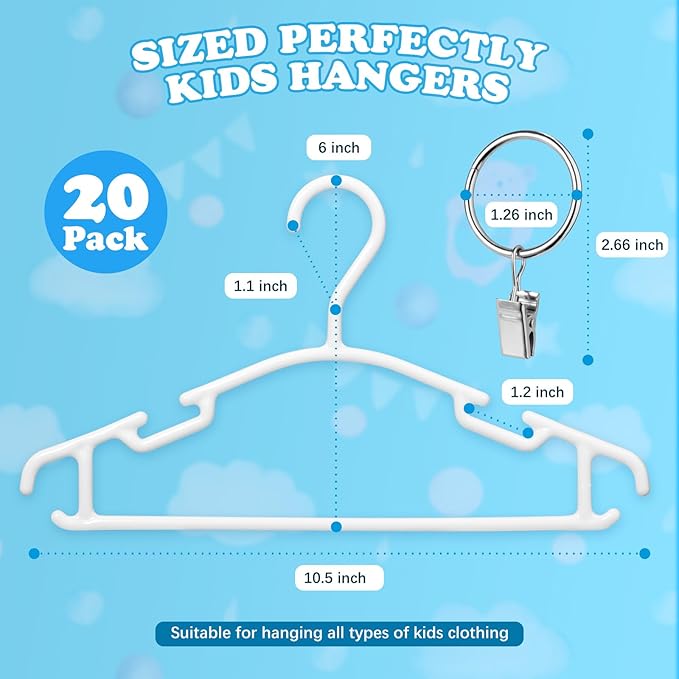 Baby Hangers with Metal Ring Clips, Children Plastic Hanger for Kids Pants Clothes Closet, 20 Pack, White