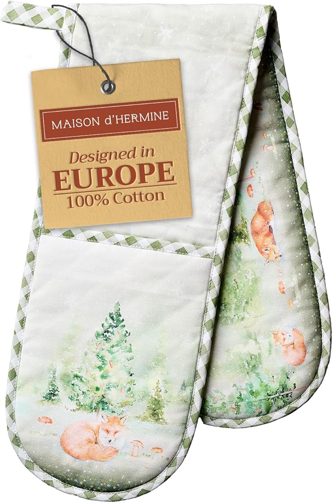 Maison d' Hermine Double Oven Mitt (7" x 35") 100% Cotton Heat Resistant BBQ Cooking Gloves with Loop for Thanksgiving Christmas Decorations Baking Cooking Barbeque Handling Hot Pan (Winter Mornings)