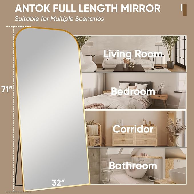 Antok Full Length Mirror, 71"x32" Floor Mirror Freestanding, Arched Floor Standing Large Mirror Full Body Mirrors with Stand for Bedroom, Hanging Mounted Mirrors for Living Room, Gold