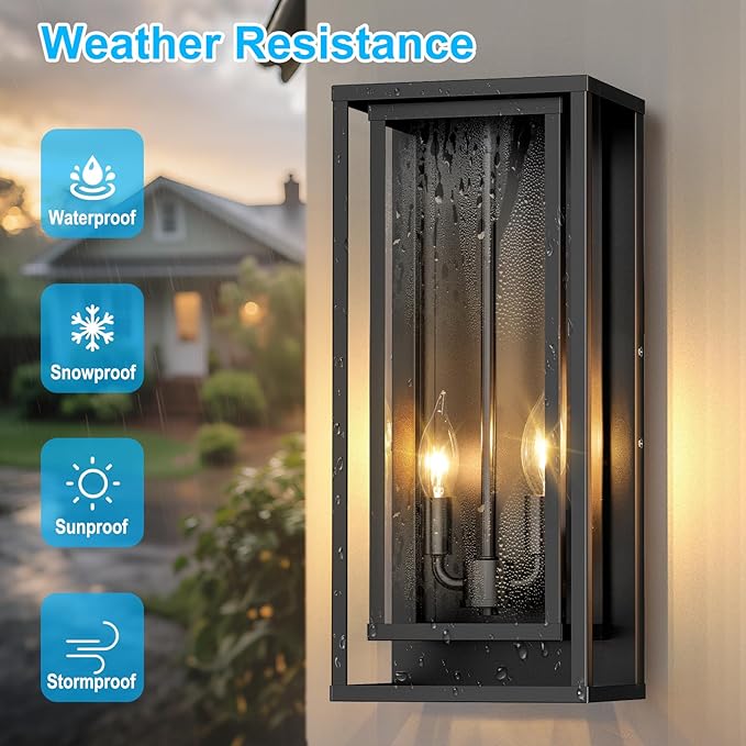 2-Pack Large Outdoor Wall Lanterns, 18” Exterior Waterproof Rectangular Sconce with Glass Shades, Matte Black Porch Lights, Anti-Rust 2-Light Modern Light Fixtures for Patio Garage Entryway Front Door