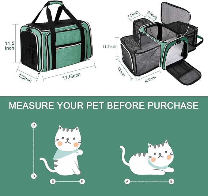 BAGLHER Expandable Cat Carrier with Travel Litter Box, Pet Travel 5 Sides Open Doors 3 Sides, Leak-Proof and Collapsible, for Car, Airplane Trip, Green