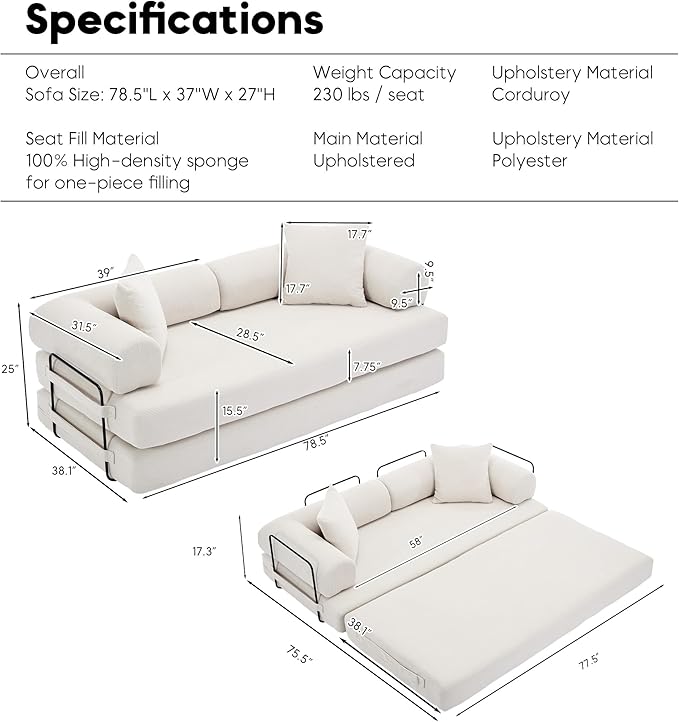 Convertible Sleeper Sofa Bed with Cylindrical Pillow, Corduroy Folding Mattress Couch with Fixed-Shape Frame, Floor Sofa Lounge Couch for Living Room Bedroom Lounge Studio, Beige
