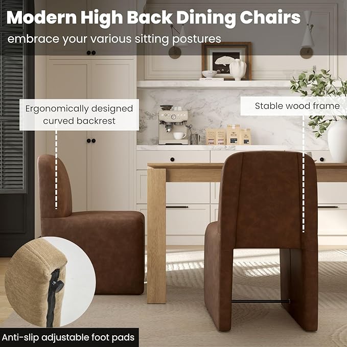 Brown Upholstered Leather Dining Chairs Set of 2, Mid Century Modern Dining Room Chairs with Deep Seat & Curved Back, Armless Side Chair Comfy Kitchen Chairs for Living Room/Kitchen