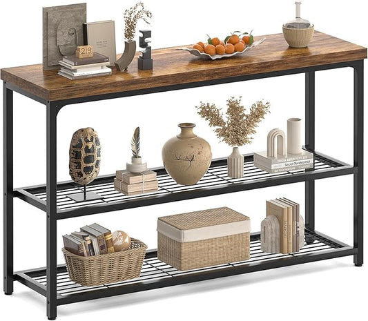 47" Console Table with Storage, 3-Tier Narrow Entryway Table, Sofa Table with Mesh Shelves, Console Tables for Living Room, Bedroom, Hallway, Entryway, Foyer, Rustic Brown
