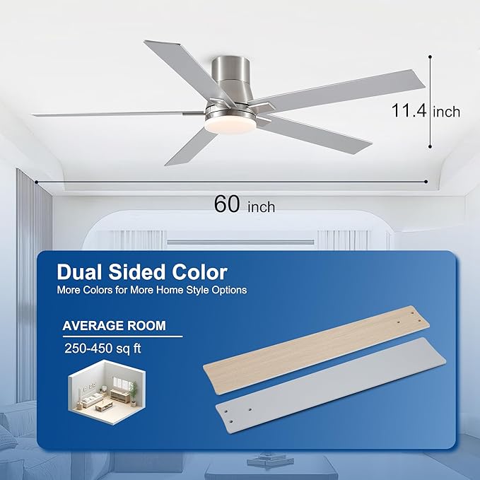 Rayqueen 60 Inch Ceiling Fans with Lights and Remote,Flush Mount Brushed Nickel Ceiling Fan,6 Speed Reversible DC Motor,3CCT Dimmable LED-Low Profile Design for Bedroom, Living room & Covered Outdoor