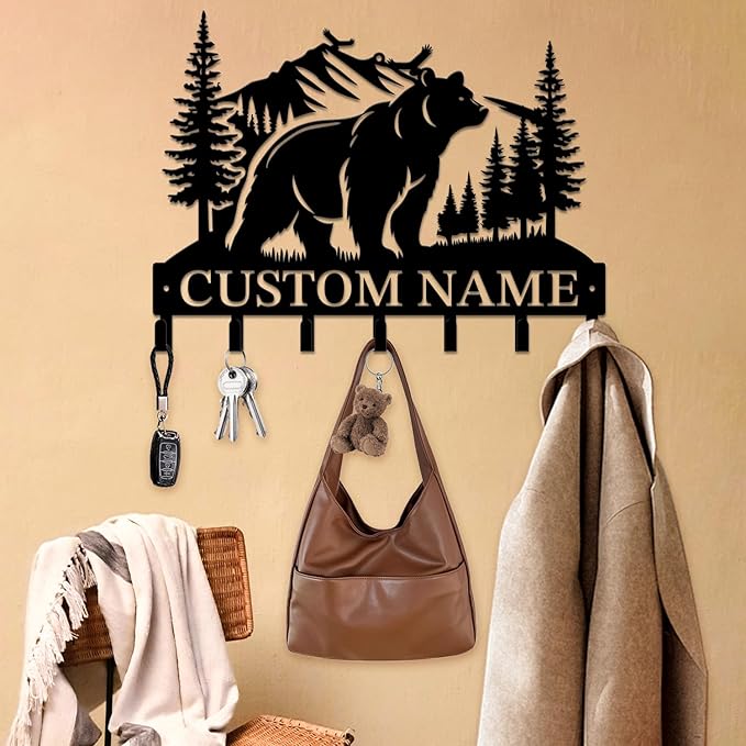 Personalized Custom Name Bear Key Wall Hooks,Metal Bear Keys Clothes Hooks,Metal Bear Wall Home Storage Decorative,For Front Door, Hallway, Kitchen, Bedroom,Keys,Hats (Style D)