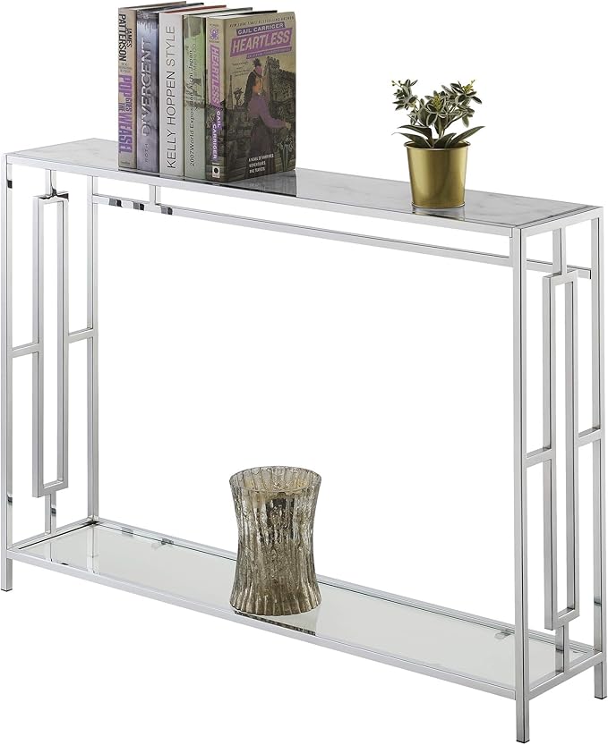 Town Square Chrome Console Table with Shelf, White Faux Marble/Chrome