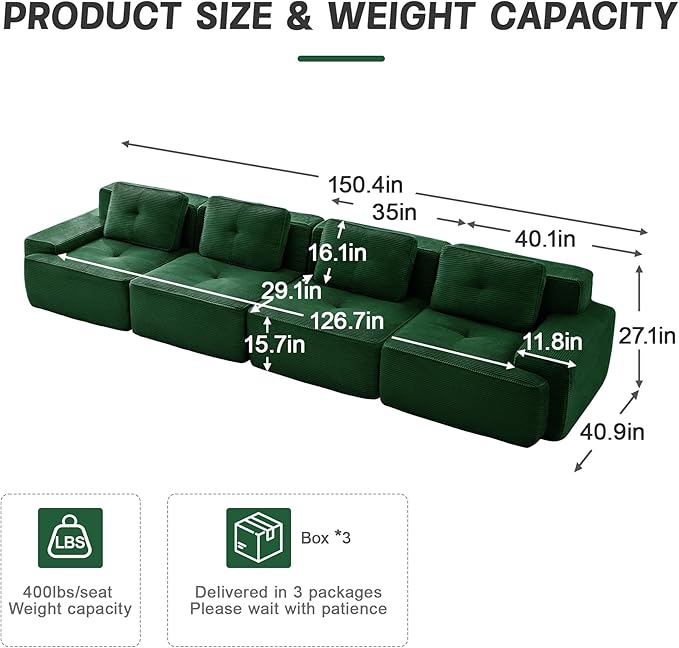 150" Modern Corduroy Cloud Sofa, Boneless Modular Large Sectional Couches for Living Room, Green 4 Seater Compressed Memory Foam Couch, Extra Deep Seat, No Assembly