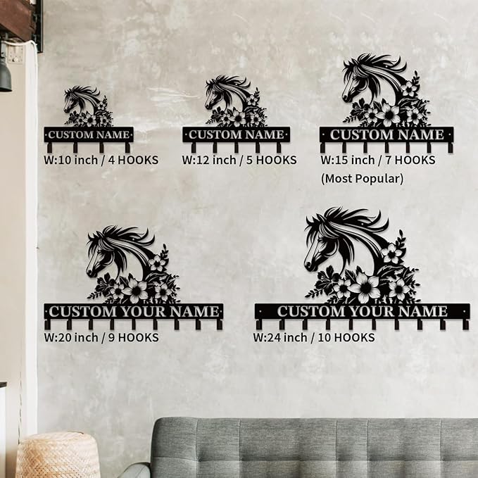Personalized Custom Name Farm Horse Wall Key Hooks,Metal Horse Art Clothes Hooks,Metal Horse Wall Home Storage Decorative,For Front Door, Hallway, Kitchen, Bedroom,Keys,Hats (Style I)