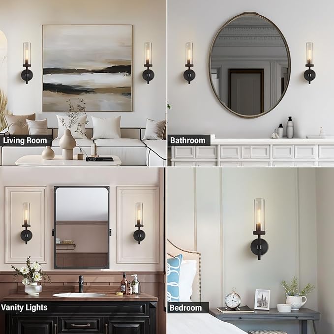 14" Bathroom Vanity Wall Sconces,Matt Black Wall Sconces Set of Two,Glass Tube Sconces Wall Lighting Indoors,Wall Lights for Mirror, Living Room, Bedroom, Hallway
