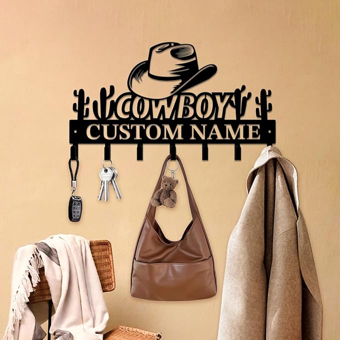Personalized Custom Name West Cowboy Keys Hooks,Metal Cowboy Art Clothes Keys Hooks,Metal Cowboy Lover Wall Home Storage Decorative Keys Hooks,Key Holder Hooks for Wall (Style F)