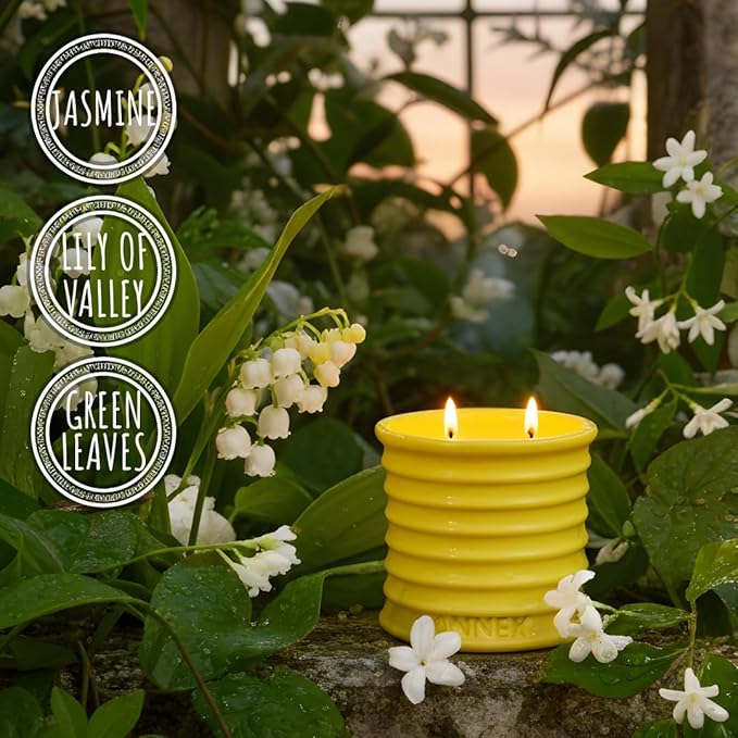 Scented Luxury Candles in Handmade Ceramic Jars, Soy Wax | Flower Bomb – Lily of The Valley & Jasmine, Large Candle | Non Toxic, 2 Wicks, Reusable Yellow Jar | Natural Spring Aromatherapy for Women