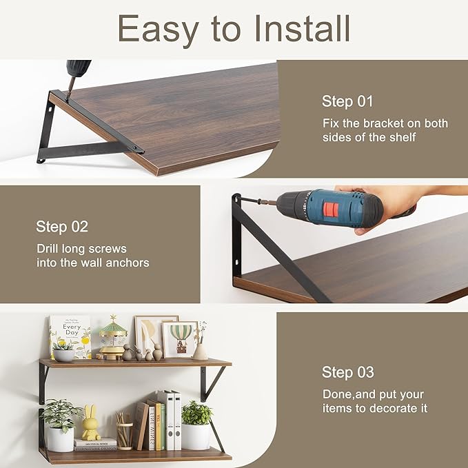 Fun Memories 20 Inch Floating Shelves, Deep Wall Shelves for Kitchen, 20 x 10 Floating Shelf for Living Room, Bedroom, Farmhouse Floating Shelves for Home Decor Storage, Walnut, Set of 2