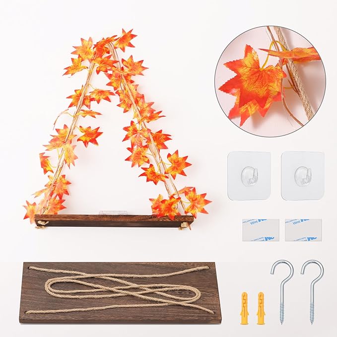 Floating Shelves for Wall, Hanging Shelves with Artificial Maple Leaves LED String Light, No Drilling Hanging Shelf, Wood Hanging Plant Shelves for Wall Décor, Boho Decor, Art Bedroom