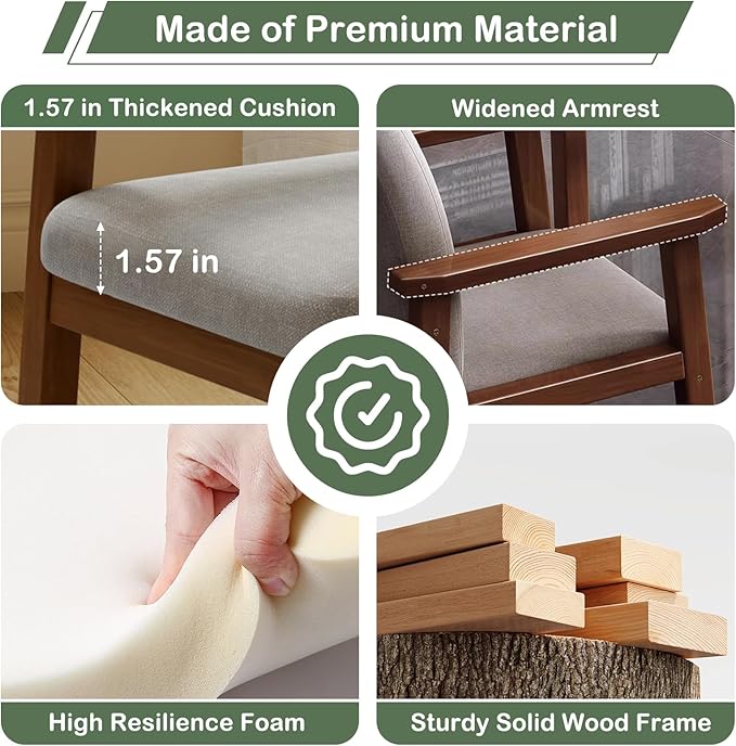 Solid Wood Upholstered Dining Chair, Mid Century Modern Dining Room Chair with Curved Backrest and Armrest for Kitchen, Living Room, Study Room, Walnut and Gray