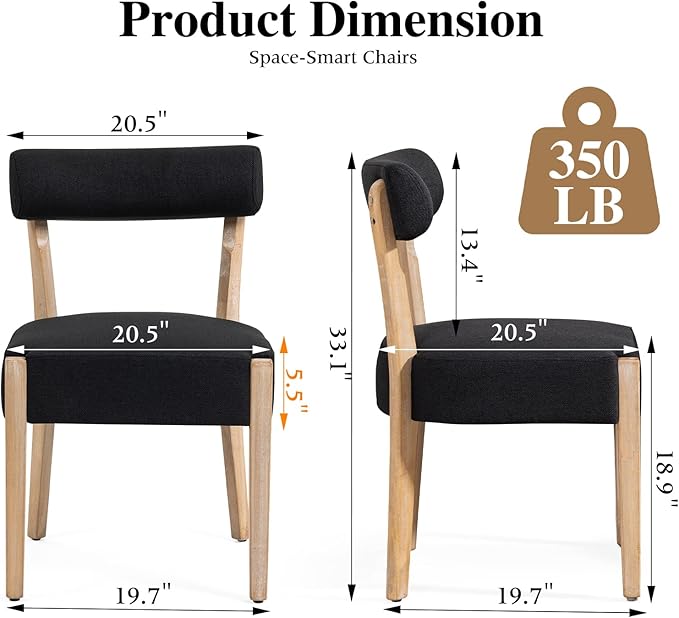 Dining Chairs Set of 6,Mid Century Modern Dining Chair Set - Linen Upholstered Low Back Kitchen & Dining Room Chairs with Woven Design,Black Fabric