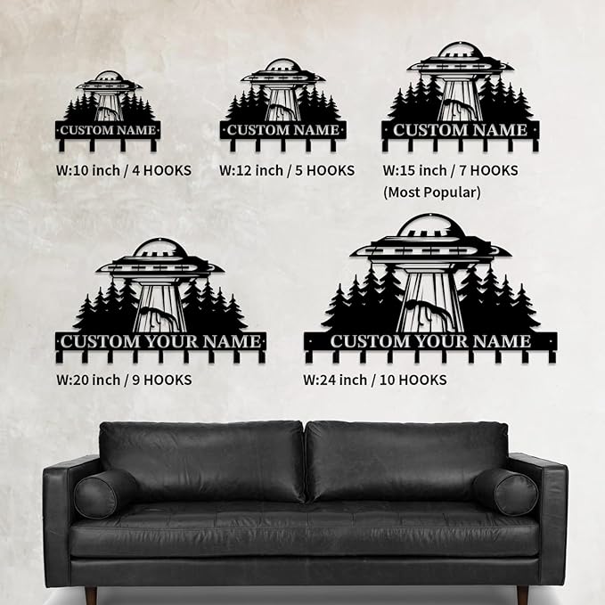 Personalized Custom Alien ET UFO Metal Wall Keys Hooks,Clothes Hooks Alien ET Art coat racks,door holder,Black Alien ET decorations for home,Entrance doors,Hallway, Bedroom,Keys,Hats (Style H)