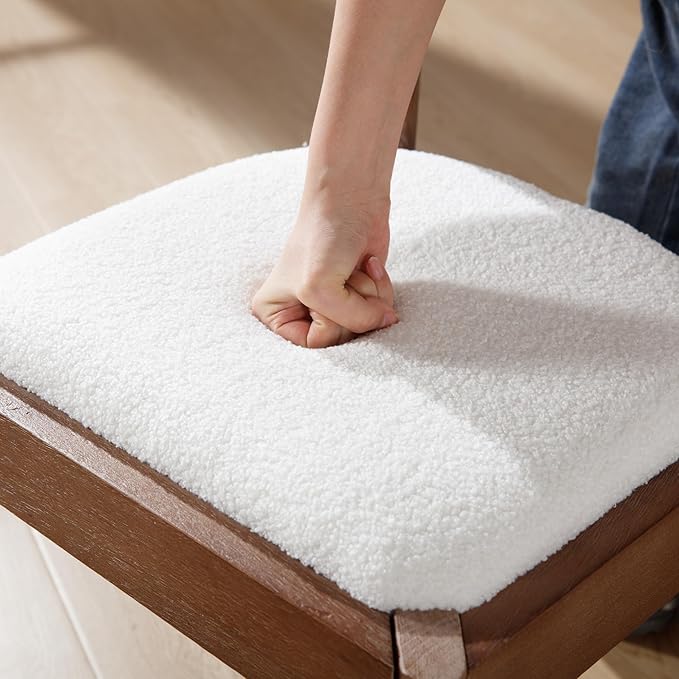 Kmax Dining Room Chairs Mid-Century Modern Sherpa Kitchen Chairs with Natural Walnut Finished Frame, Fur Curved Back, Set of 4, White