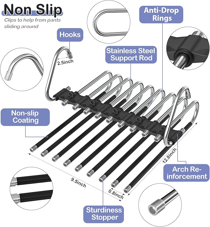 Upgrade 9 Layers Pant Hangers Space Saving, Non Slip Stainless Steel Multifunctional Pants Rack S-Type Clothes Pant Closet Hanger Organizer with Hooks for Pants Jeans Trousers Scarf (4 Pack, Black)