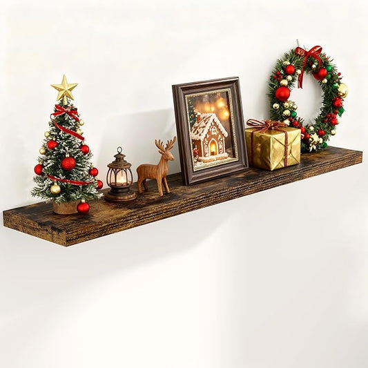 Fun Memories 55 Inch Floating Shelves for Wall, 55x9.3 Large Floating Shelf for Bedroom, Kitchen, Bathroom, Wall Mounted Rustic Wood Shelves with Invisible Bracket for Books, Decor, Rustic Brown