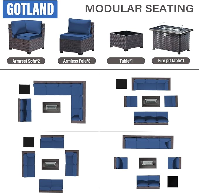 Gotland 10 Pieces Patio Furniture Set with Fire Pit Table, All Weather Rattan Outdoor Furniture with 29.5'' High Backrest 4’’ Thick Cushions Coffee Table, Outdoor Sofa for Deck, Garden, Backyard, Navy