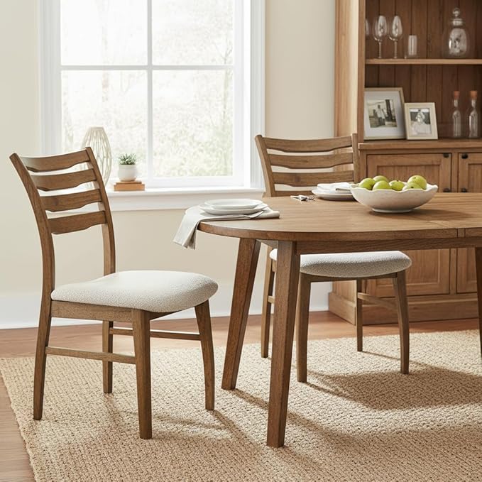 DUOMAY Farmhouse Dining Chairs Set of 4, Fur Beige Upholstered Side Chairs Solid Wood Ladder Back Kitchen Chairs for Home Dining Room, Browm Frame