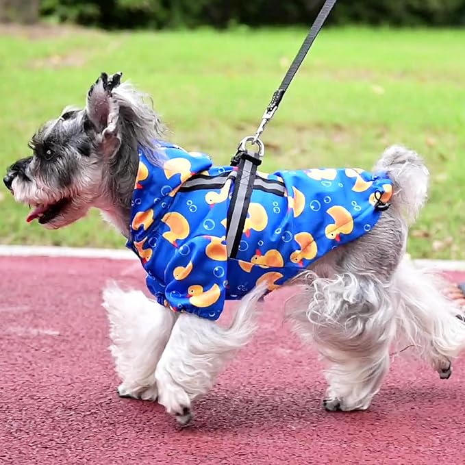 PUPTECK Dog Raincoat with Hood & Harness Built-in, Waterproof Dog Rain Jacket Slicker Poncho Reflective Vest Clothes for Rainy Snowy Winter Cold Days, Blue Duck L