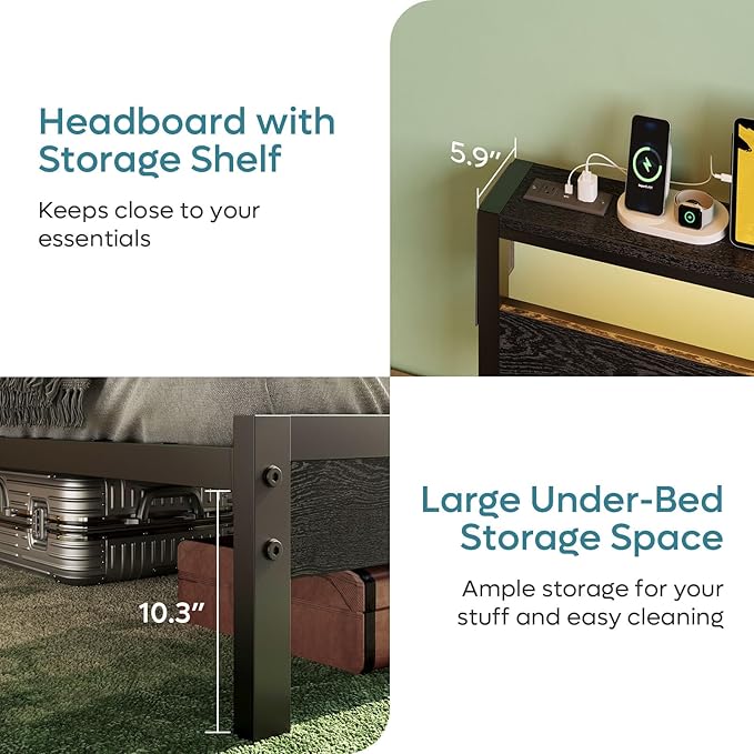 Bestier Twin Bed Frame with Storage Headboard and Charging Station, Black Platform Bed Frame with LED Light, Non-Slip Metal Bed Frame, Noise-Free, Easy Assembly