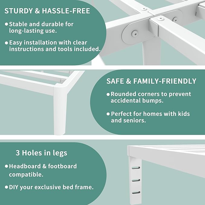 ITIMIDI 14 Inch White Full Size Bed Frame, Full Metal Platform Bed Frames with Round Corner Legs, Heavy Duty Steel Support 3500 LBS, Storage Space, No Box Spring Needed, Noise Free, Easy Assembly