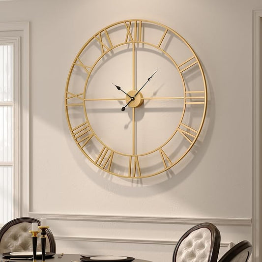 Cuspin Large Wall Clock 36 Inch Gold Wall Clock Battery-Operated, Modern Metal Roman Numeral Decorative Clock for Living Room Decor, Dinning Room, Office, Kitchen, Mantel, Home Decor