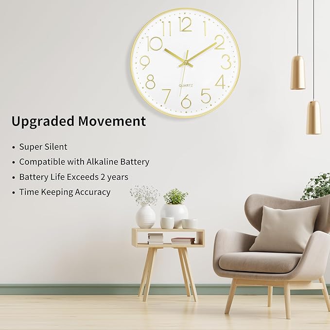 Foxtop 14 Inch Large Silent Non-Ticking Gold Wall Clock Battery Operated Round Quartz Modern Wall Clock Decorative for Living Room Bedroom Kitchen Home Office