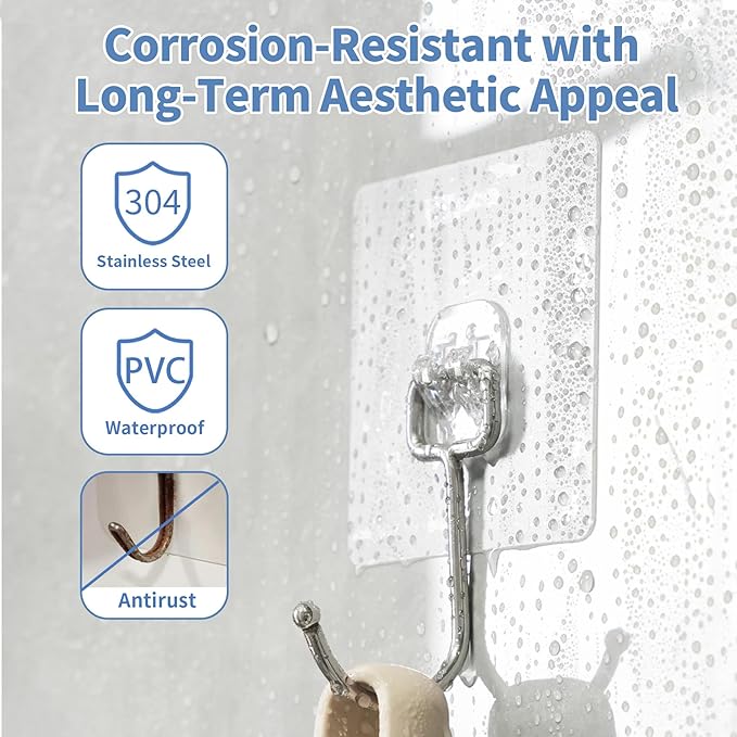 Adhesive Wall Hooks for Hanging - 60lb Heavy Duty Waterproof & Rustproof, Sticky Hooks for Walls No Damage, Kitchen/Bathroom/Rental (Ganchos para Pared) 10-Pack