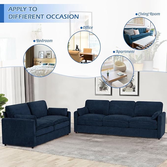 89” Chenille Sofa w/Arm Pillows, Upholstered 3-Seater Sofa w/Comfortable Back Cushions, Modern 3 Seats Couch w/High-Density Foam for Living Room, Apartment, Office, Blue